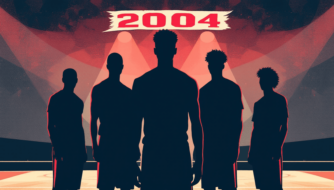Stylized illustration for The 2004 Detroit Pistons Title Run: How a No-Superstar Team Won It All