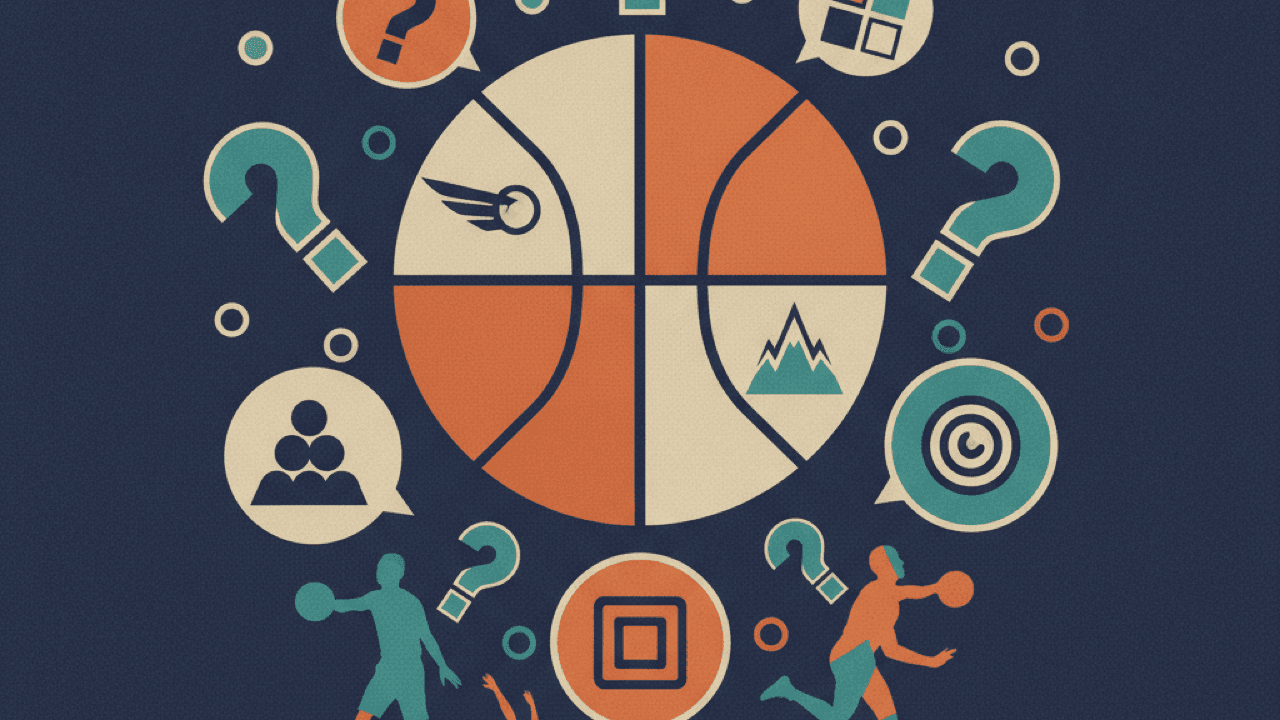 Stylized illustration of an NBA basketball quiz on a phone screen