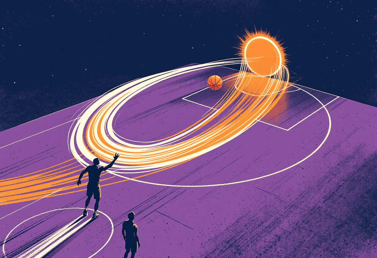Editorial illustration: long-range buzzer-beater arc across a basketball court