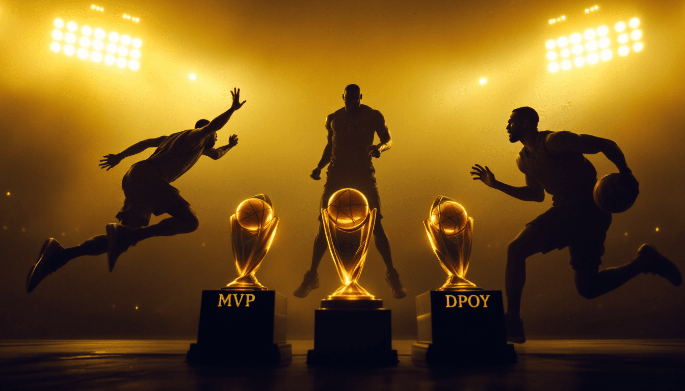 Stylized illustration for Every NBA Player to Win MVP and DPOY in the Same Season