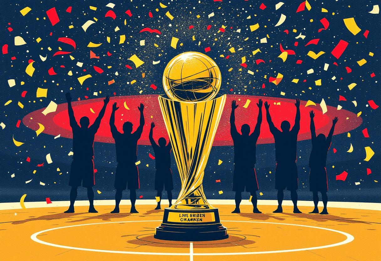 Closing illustration for NBA Finals Trivia: championship trophy and celebration