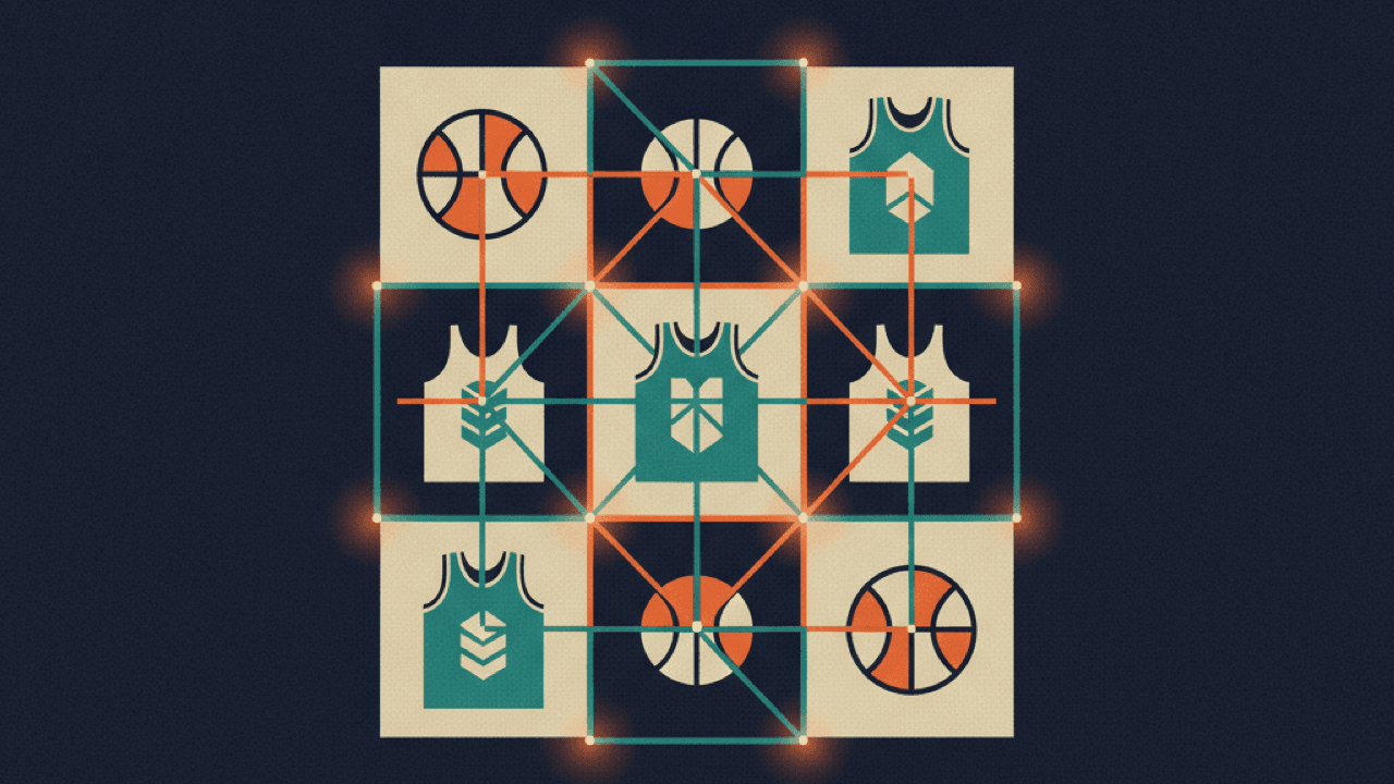 Stylized illustration of a 3x3 NBA grid game board with team and category headers