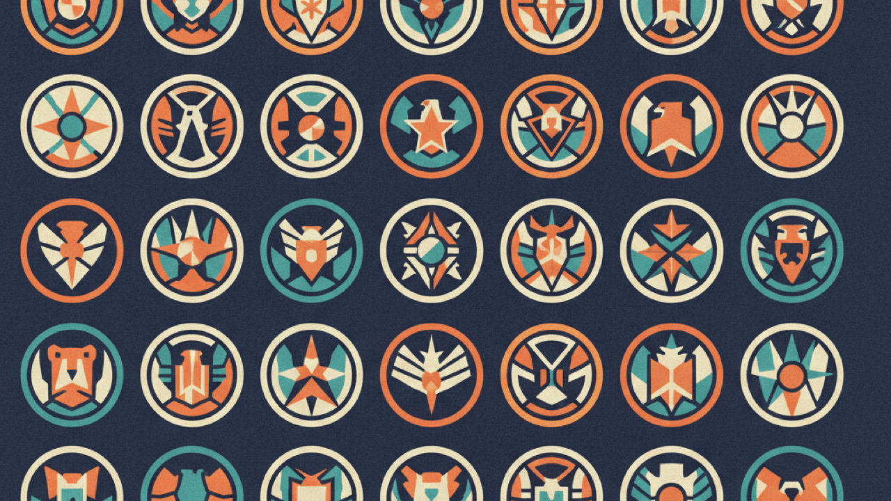 Stylized editorial illustration of abstract basketball crests and marks arranged in a grid for an NBA logo quiz