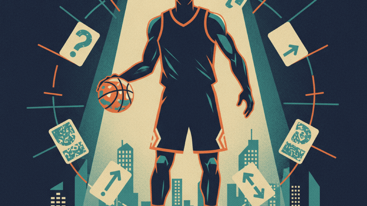 Stylized illustration of a mystery NBA player being revealed clue by clue