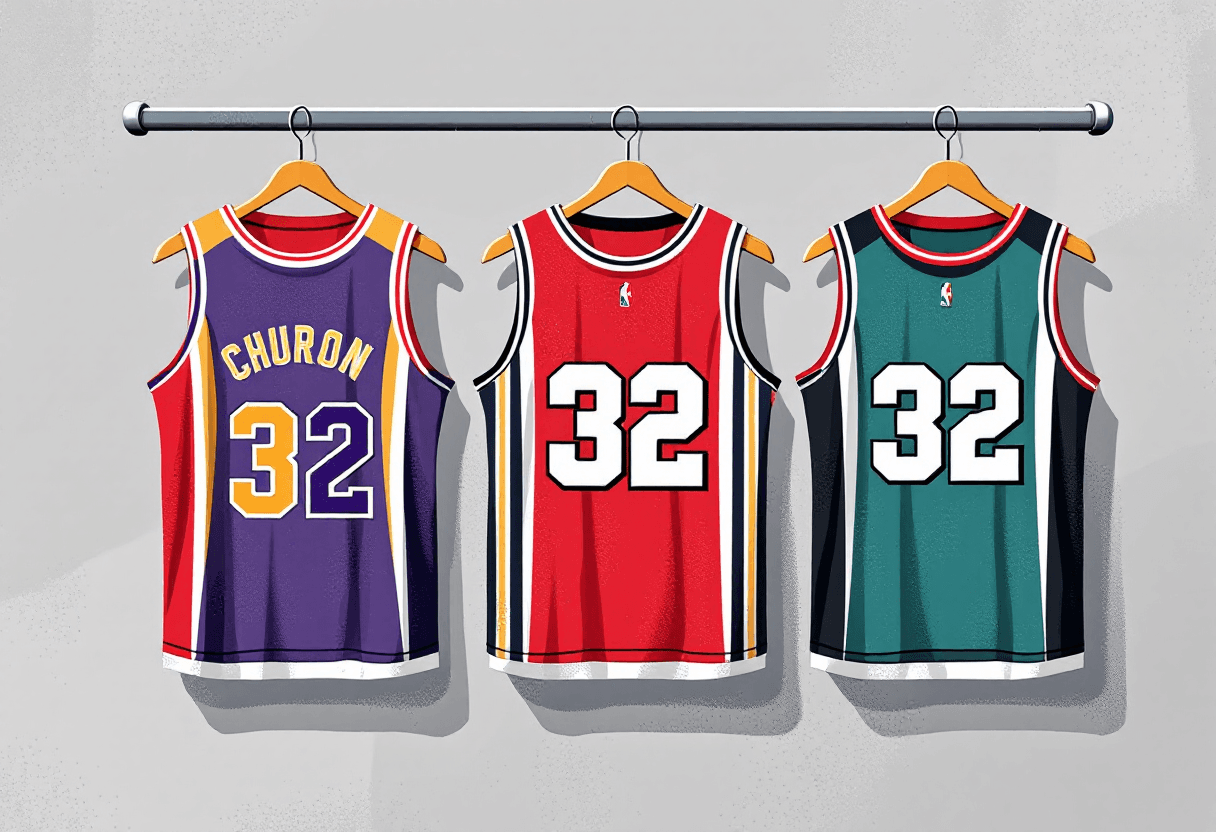 Editorial illustration: retired jersey numbers in multiple team colors